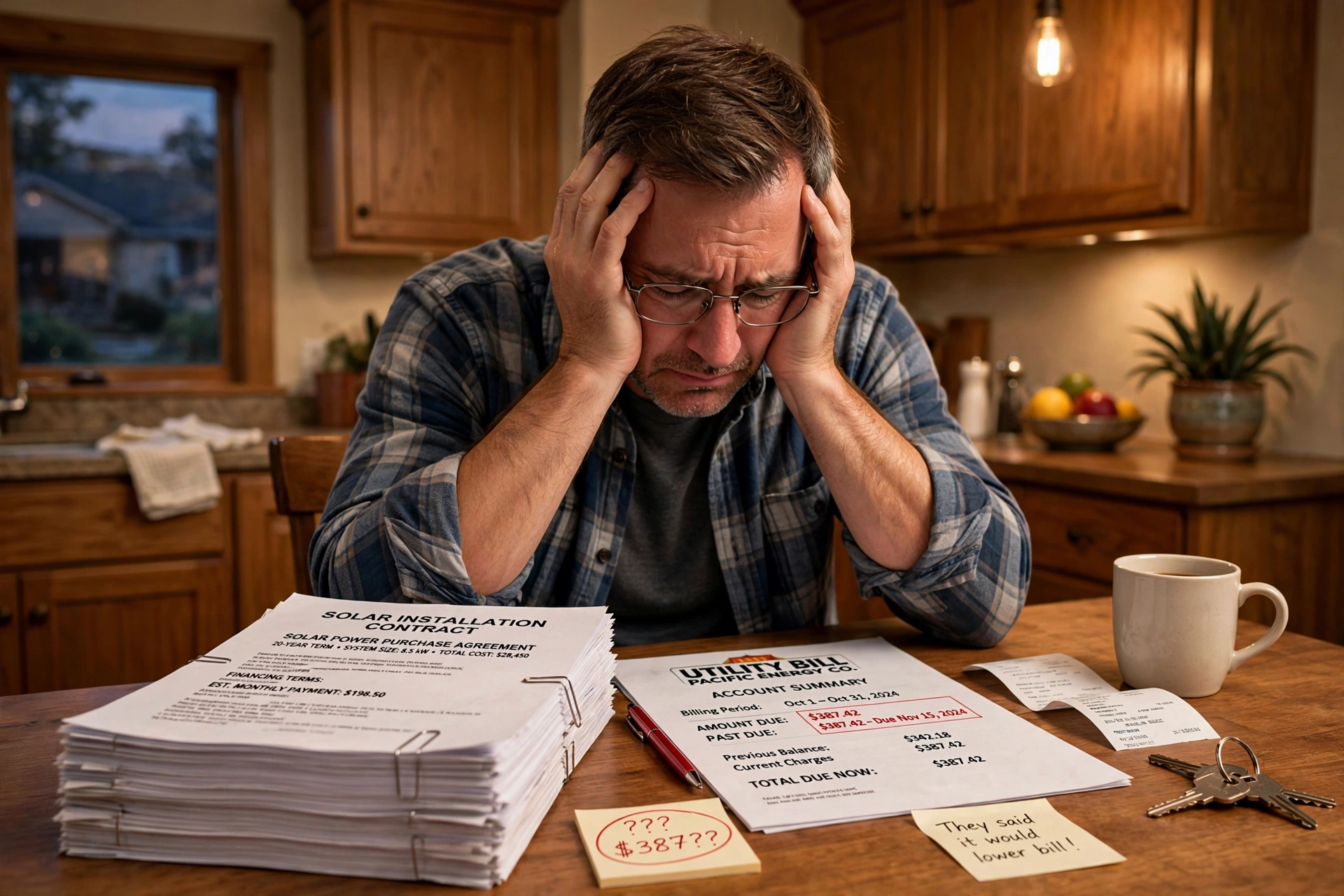 Frustrated homeowner reviewing a solar contract and high utility bill